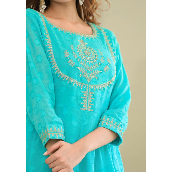 BAIRAAS Turquoise Dobby Mul Zari Embroidered Anarkali Suit (Set of 3)