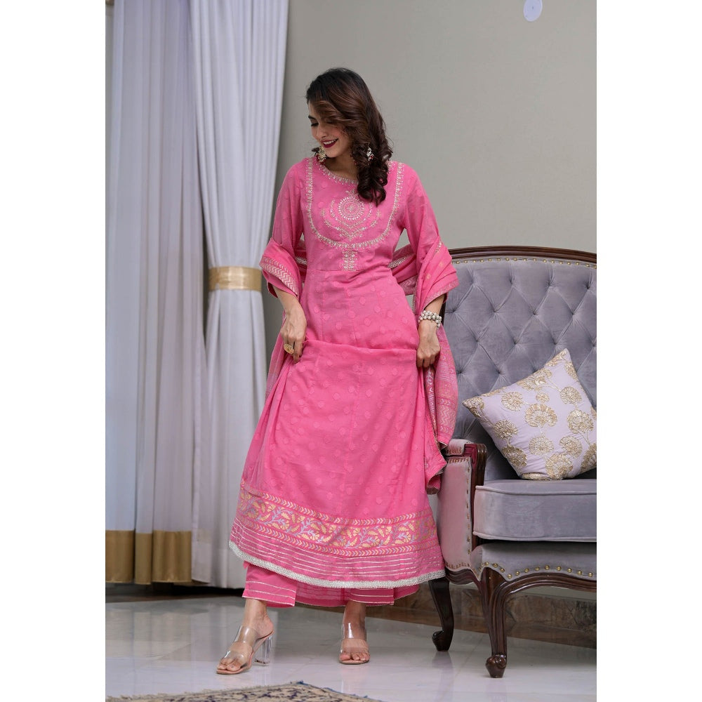 BAIRAAS Pink Dobby Mul Zari Embroidered Anarkali Suit (Set of 3)