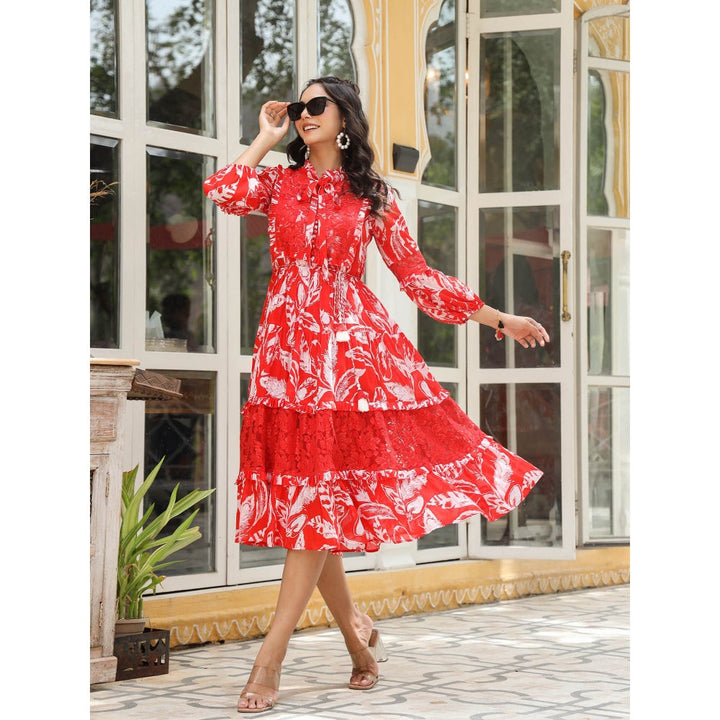 BAIRAAS Red Tie Knot Cotton Leaf Printed Midi Dress with Balloon Sleeves