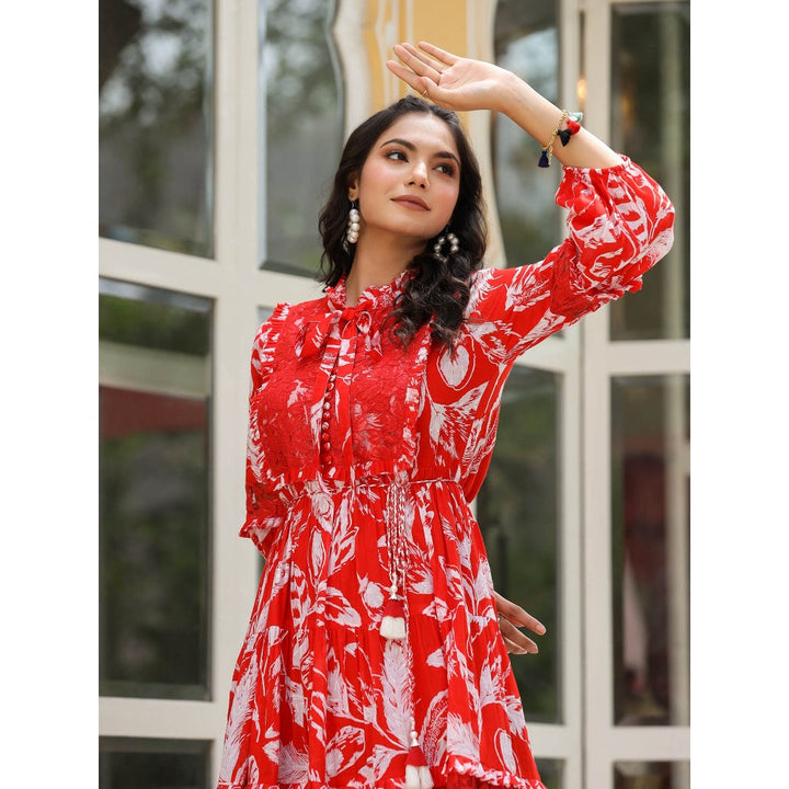 BAIRAAS Red Tie Knot Cotton Leaf Printed Midi Dress with Balloon Sleeves