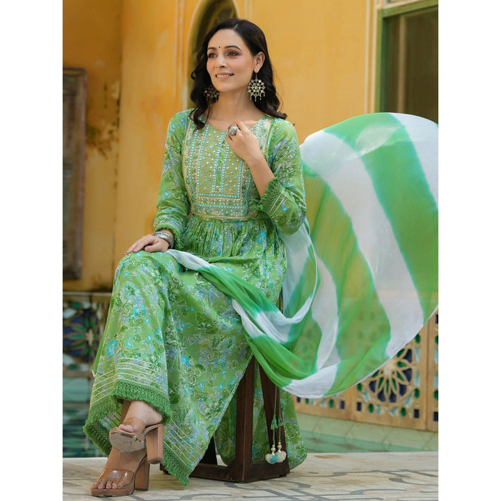 BAIRAAS Green Mul Floral Printed Kurta Pants with Dupatta (Set of 3)