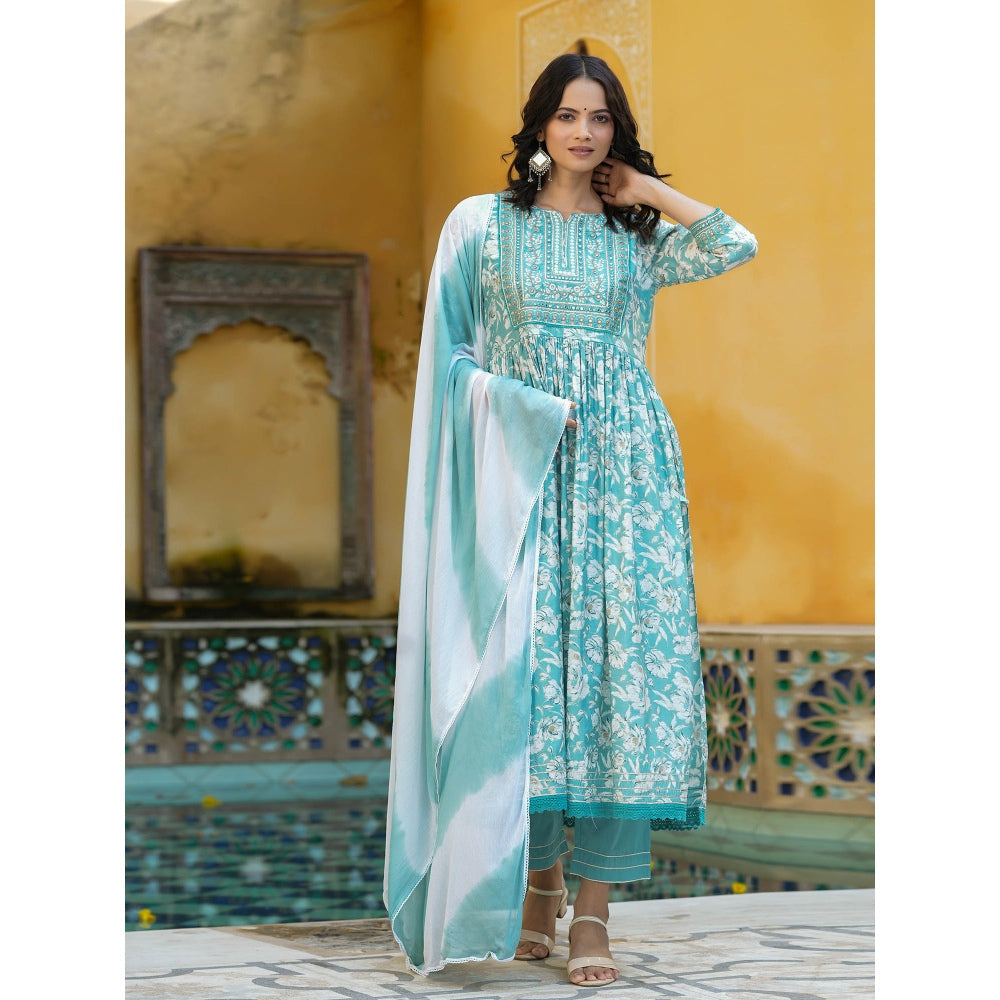 BAIRAAS Turquoise Blue Floral Kurta with Pant and Ombre Chiffon Dupatta (Set of 3)