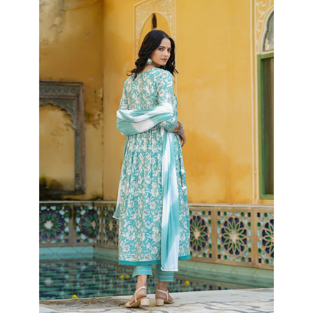 BAIRAAS Turquoise Blue Floral Kurta with Pant and Ombre Chiffon Dupatta (Set of 3)