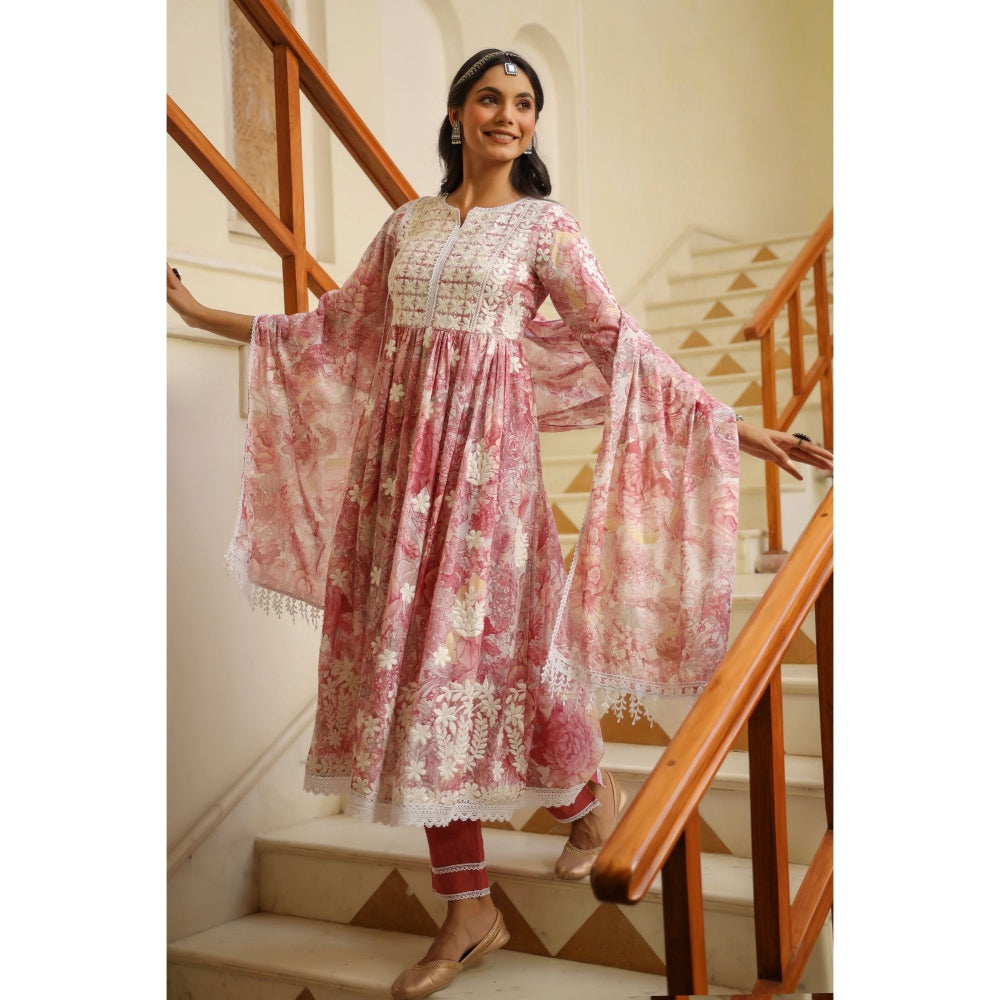 BAIRAAS Pink Floral Embroidered Anarkali with Pant and Printed Dupatta (Set of 3)