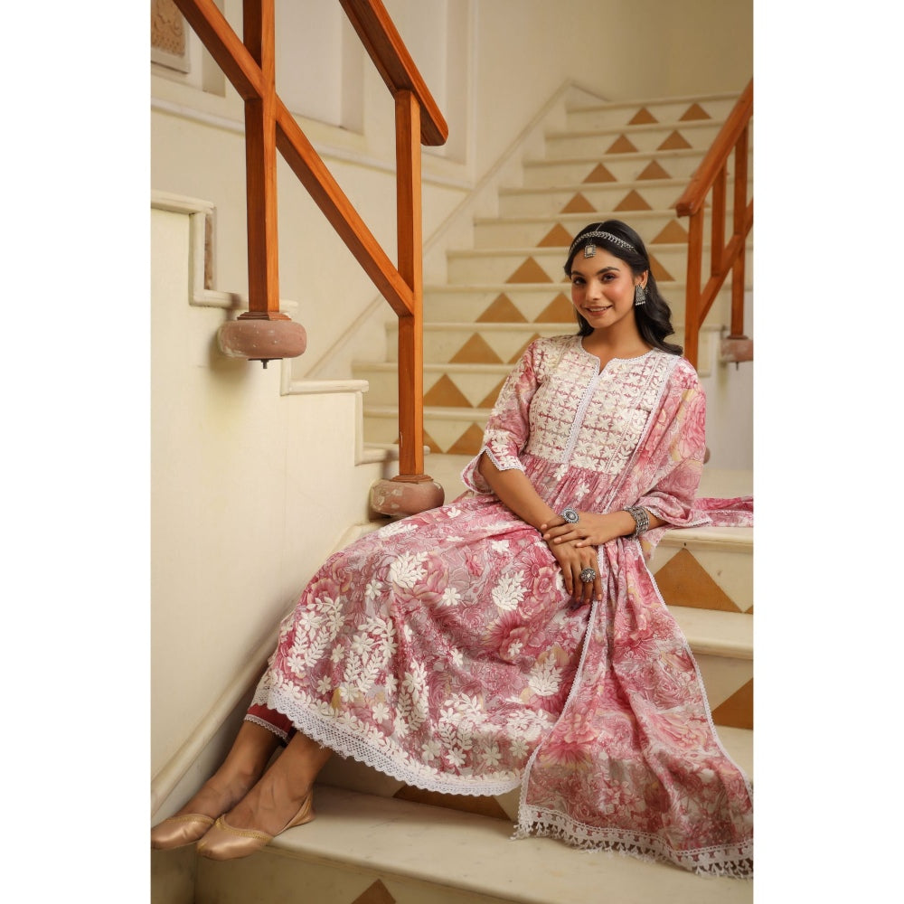 BAIRAAS Pink Floral Embroidered Anarkali with Pant and Printed Dupatta (Set of 3)
