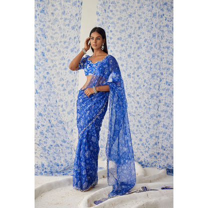 Baise Gaba Blue Darpan Organza Saree with Unstitched