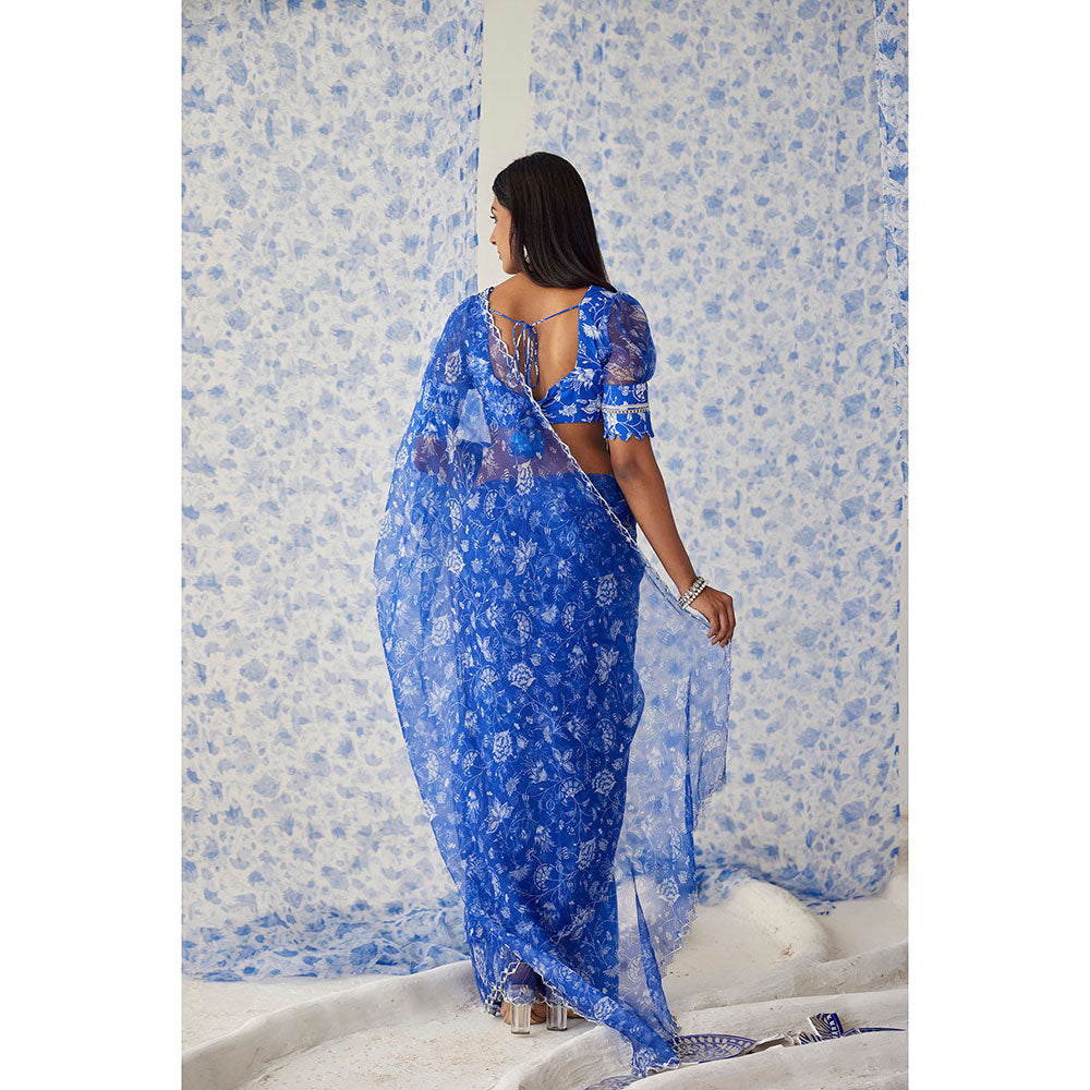 Baise Gaba Blue Darpan Organza Saree with Unstitched