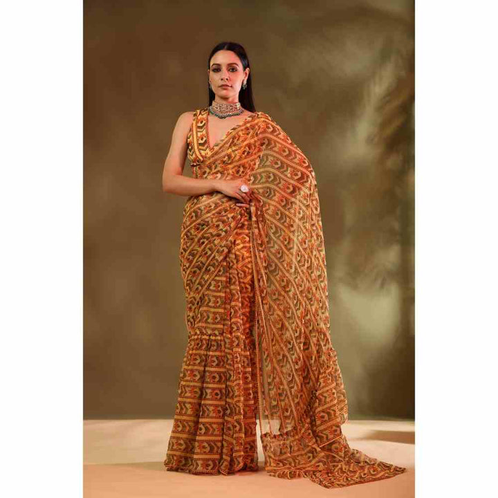 Baise Gaba Yellow Susane Printed Saree with Unstitched Blouse