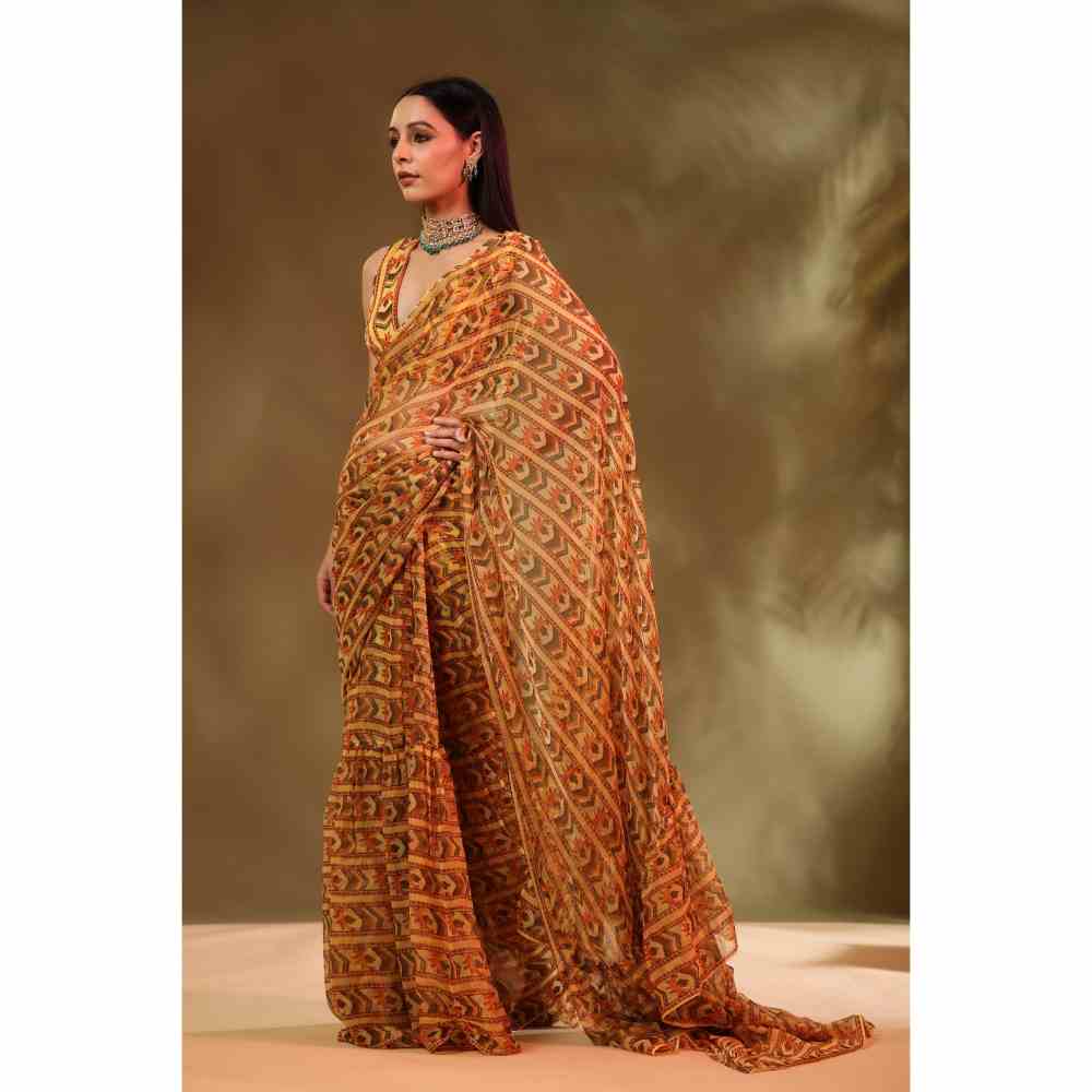 Baise Gaba Yellow Susane Printed Saree with Unstitched Blouse