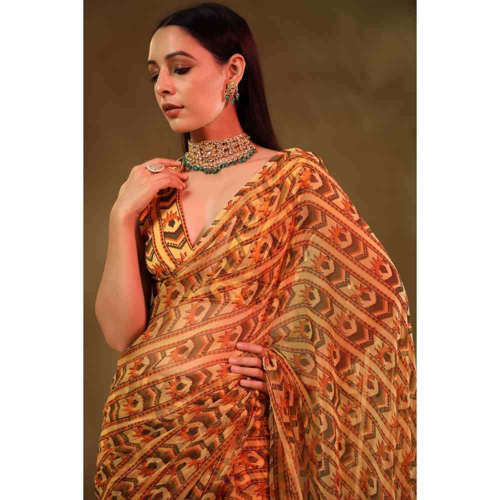 Baise Gaba Yellow Susane Printed Saree with Unstitched Blouse
