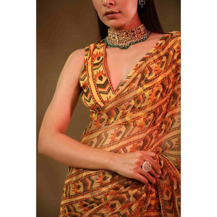 Baise Gaba Yellow Susane Printed Saree with Unstitched Blouse
