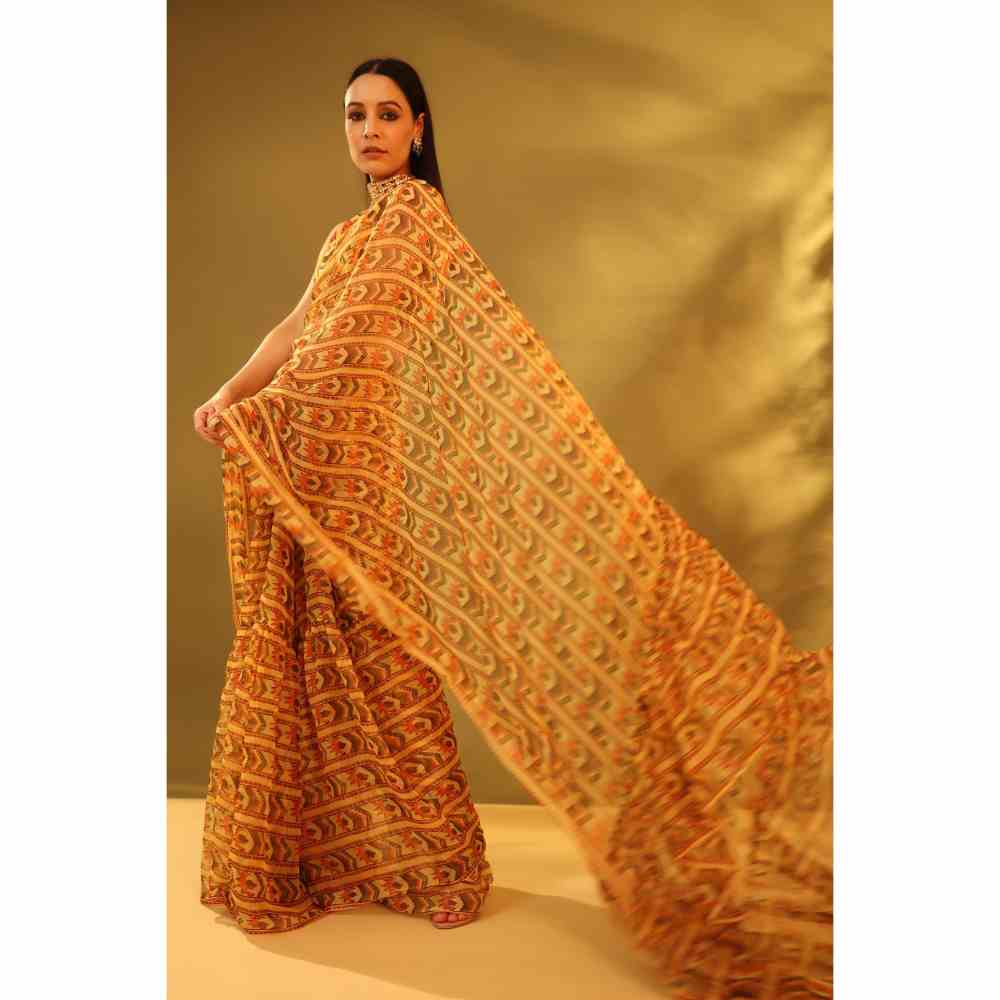 Baise Gaba Yellow Susane Printed Saree with Unstitched Blouse
