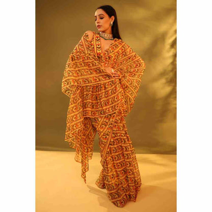 Baise Gaba Yellow Susane Printed Saree with Unstitched Blouse