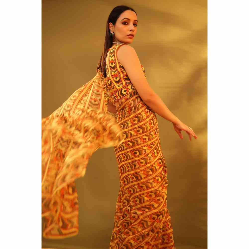 Baise Gaba Yellow Susane Printed Saree with Unstitched Blouse