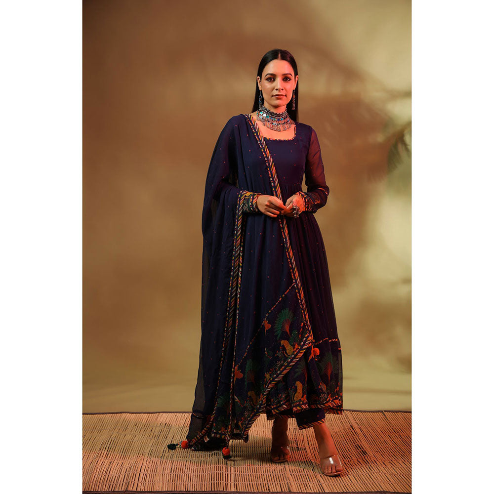 Baise Gaba Navy Blue Noori Anarkali (Set of 3)