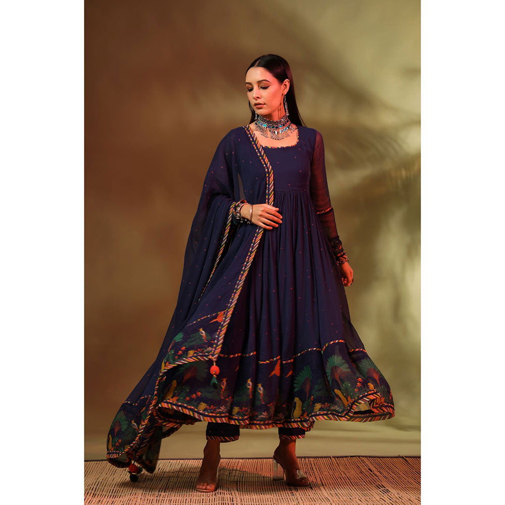 Baise Gaba Navy Blue Noori Anarkali (Set of 3)