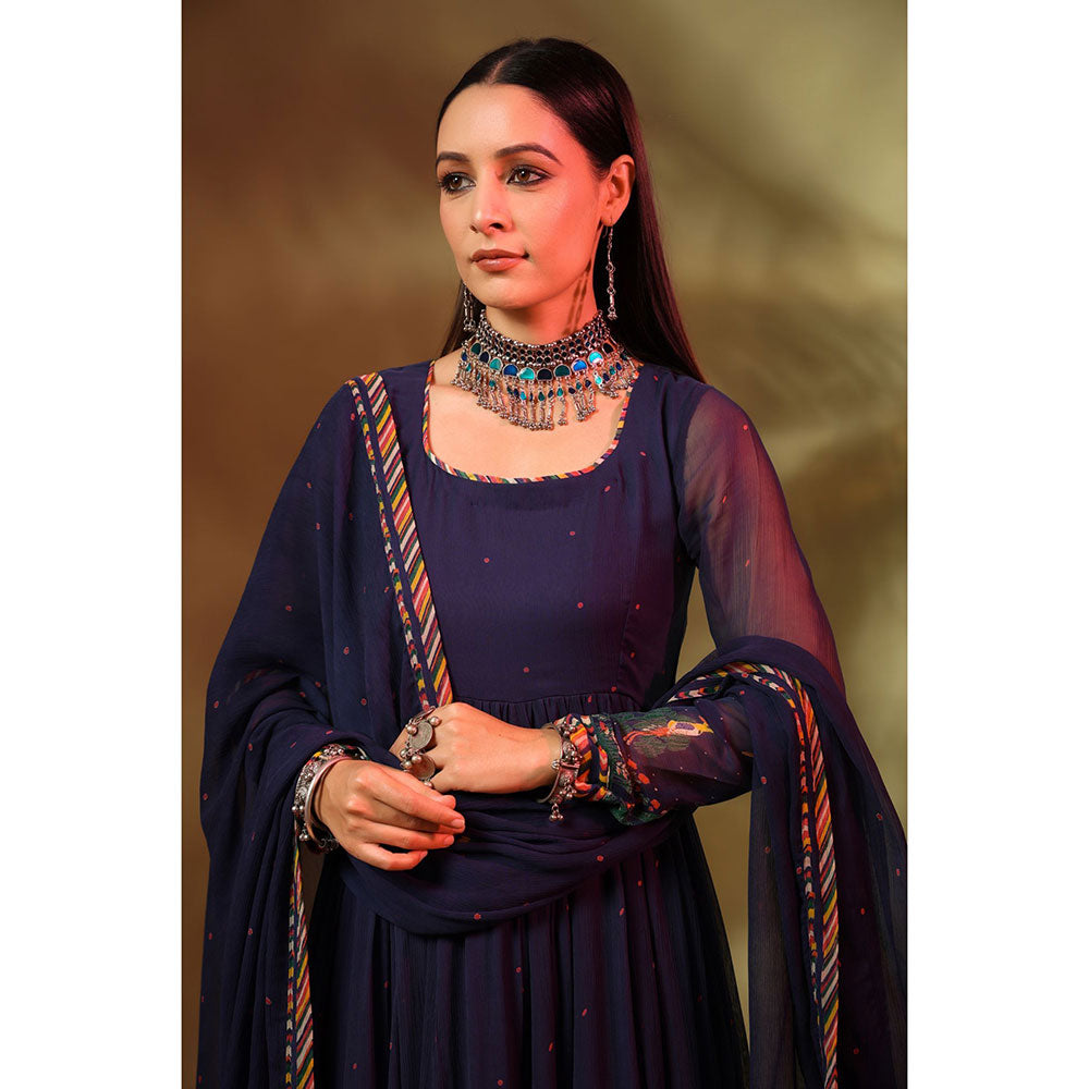 Baise Gaba Navy Blue Noori Anarkali (Set of 3)