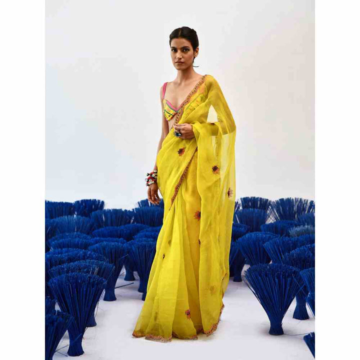 Baise Gaba Chanchal Yellow Organza Saree with Unstitched Blouse