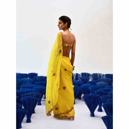 Baise Gaba Chanchal Yellow Organza Saree with Unstitched Blouse