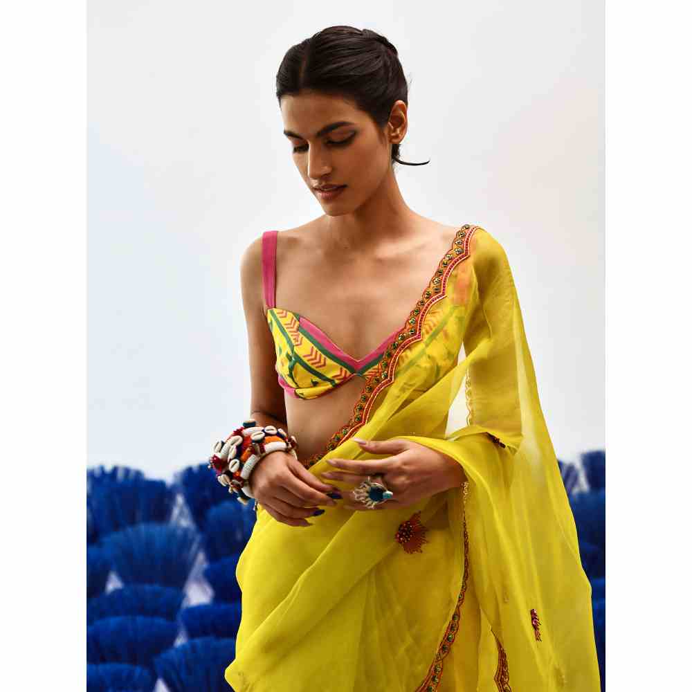 Baise Gaba Chanchal Yellow Organza Saree with Unstitched Blouse