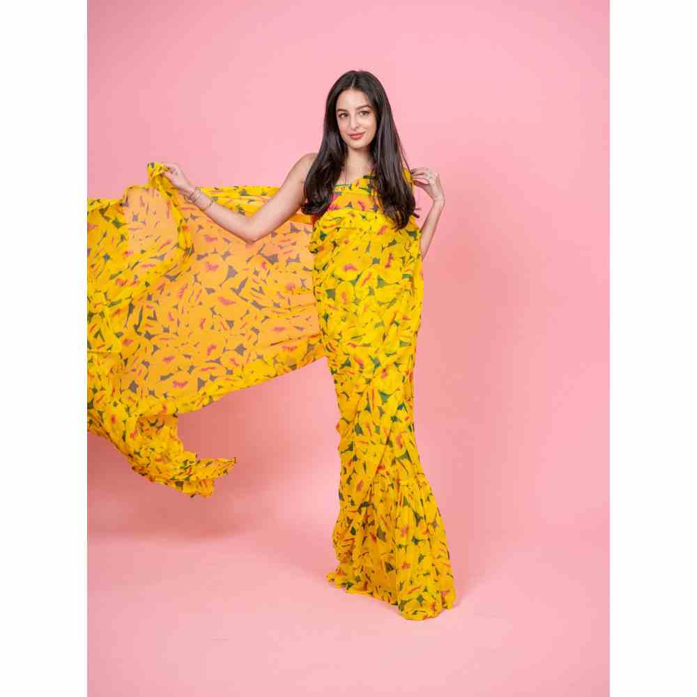 Baise Gaba Prito Yellow Printed Saree with Unstitched Blouse