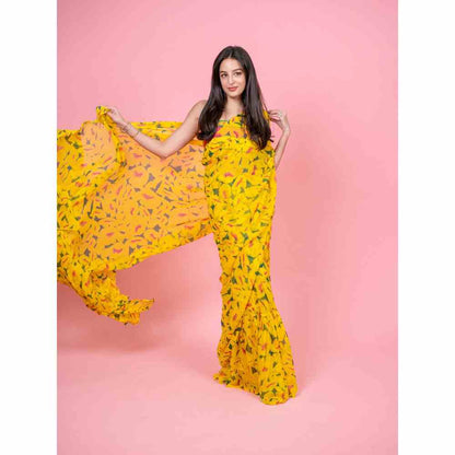 Baise Gaba Prito Yellow Printed Saree with Unstitched Blouse