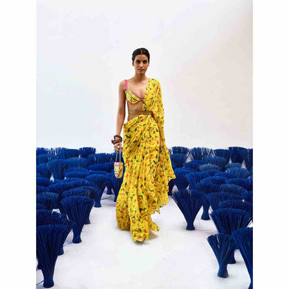 Baise Gaba Prito Yellow Printed Saree with Unstitched Blouse