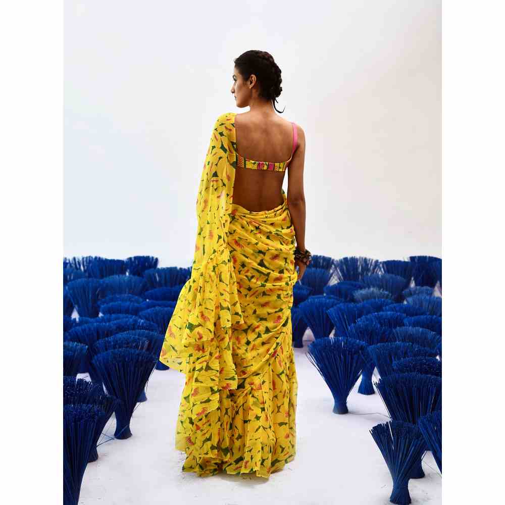 Baise Gaba Prito Yellow Printed Saree with Unstitched Blouse