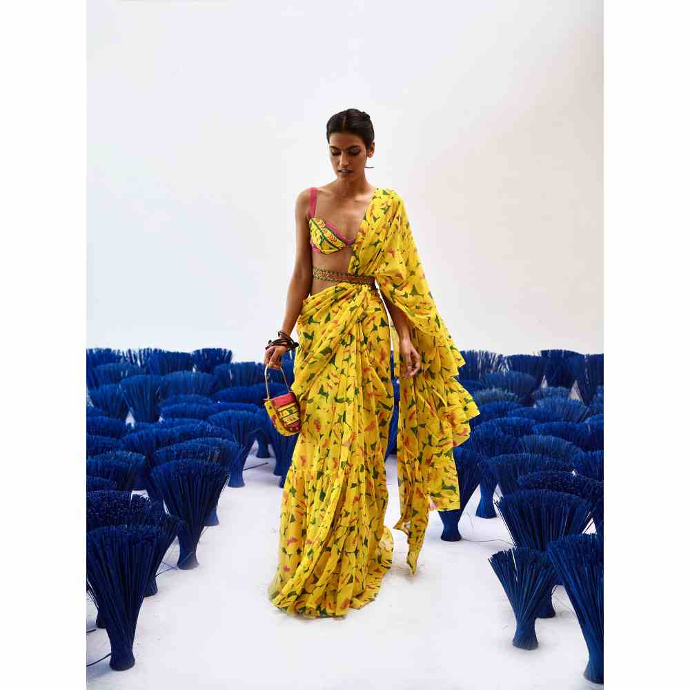 Baise Gaba Prito Yellow Printed Saree with Unstitched Blouse