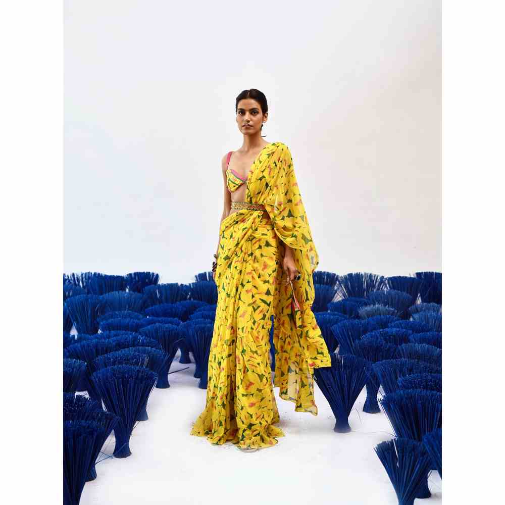 Baise Gaba Prito Yellow Printed Saree with Unstitched Blouse