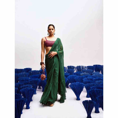 Baise Gaba Rani Green Ruffled Saree with Unstitched Blouse