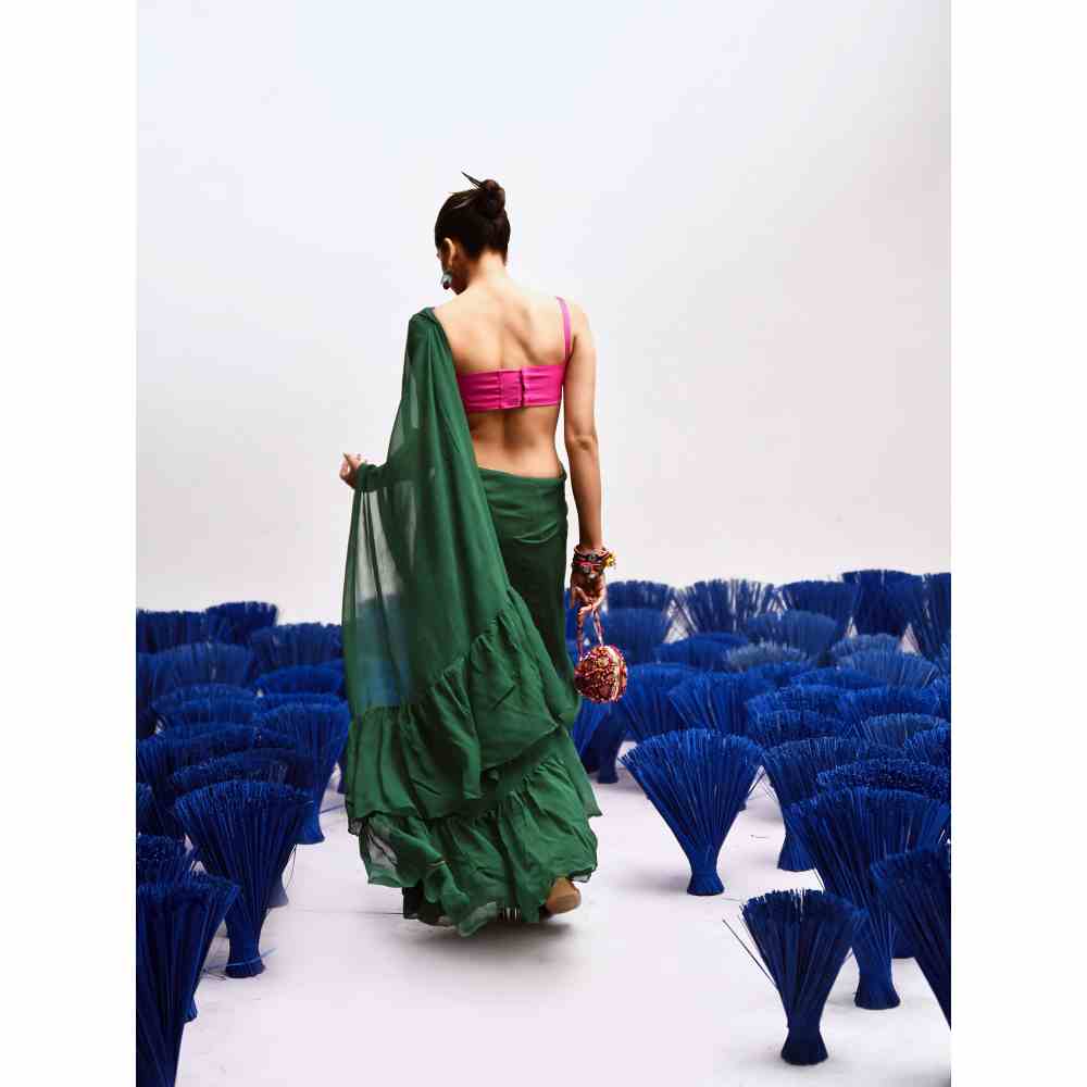 Baise Gaba Rani Green Ruffled Saree with Unstitched Blouse