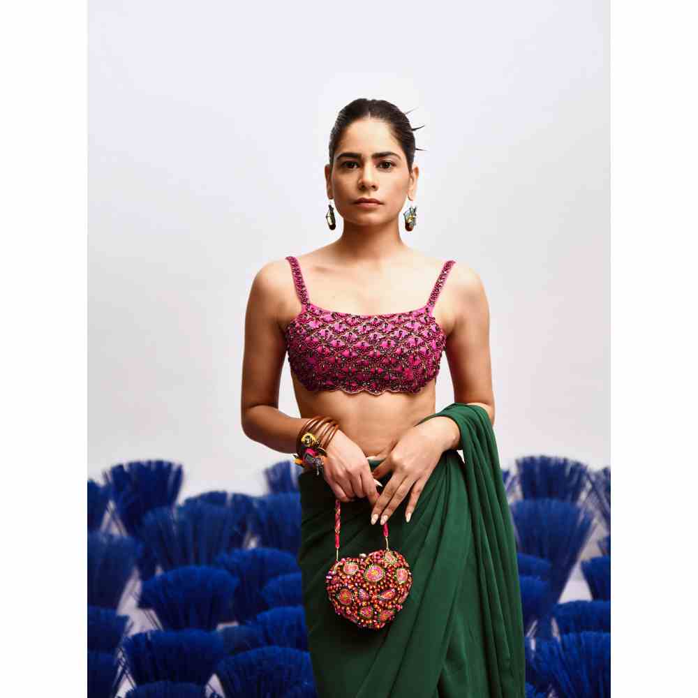 Baise Gaba Rani Green Ruffled Saree with Unstitched Blouse