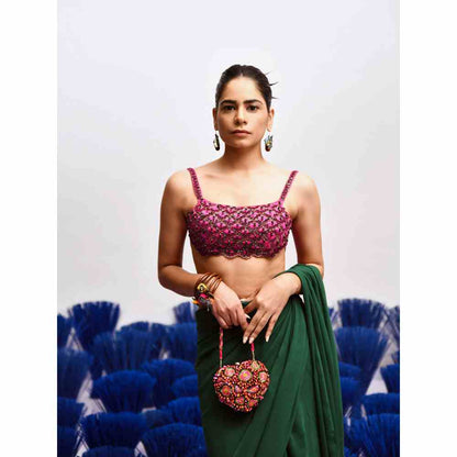 Baise Gaba Rani Green Ruffled Saree with Unstitched Blouse