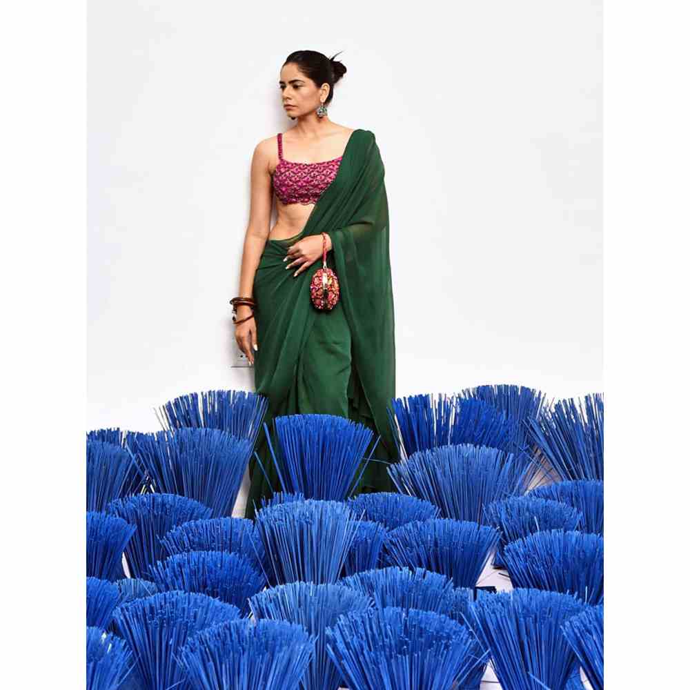 Baise Gaba Rani Green Ruffled Saree with Unstitched Blouse