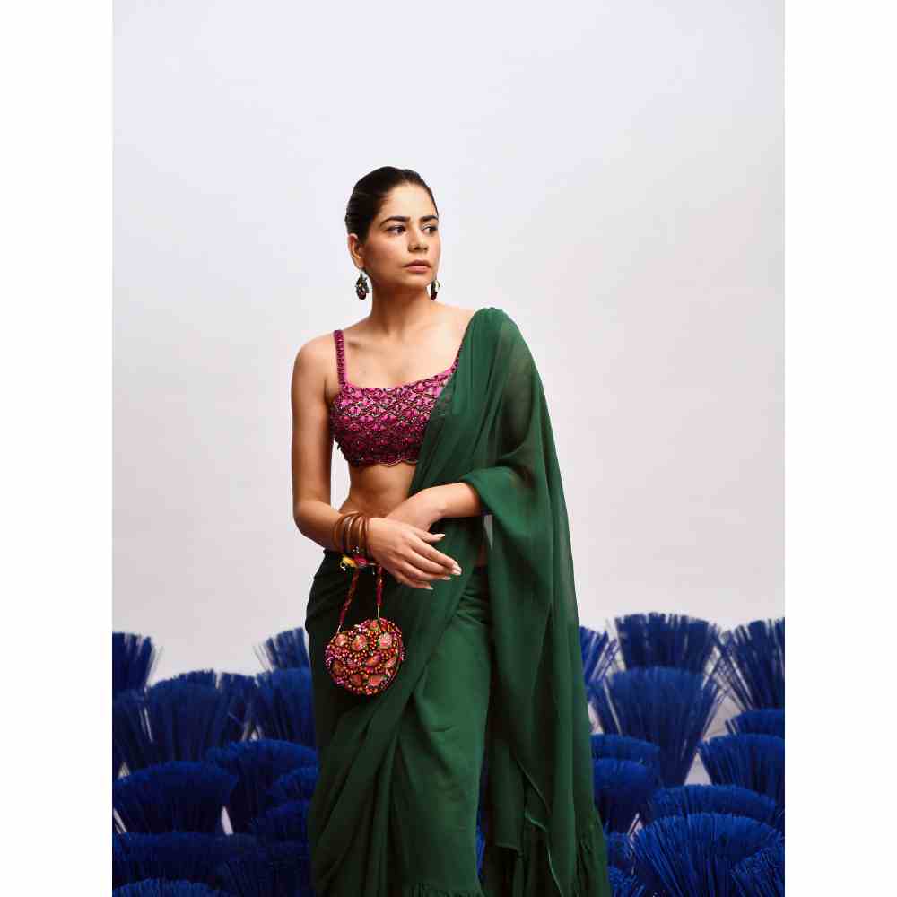 Baise Gaba Rani Green Ruffled Saree with Unstitched Blouse