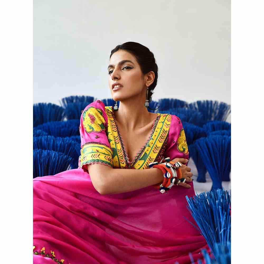 Baise Gaba Banno Pink Saree with Stitched Blouse