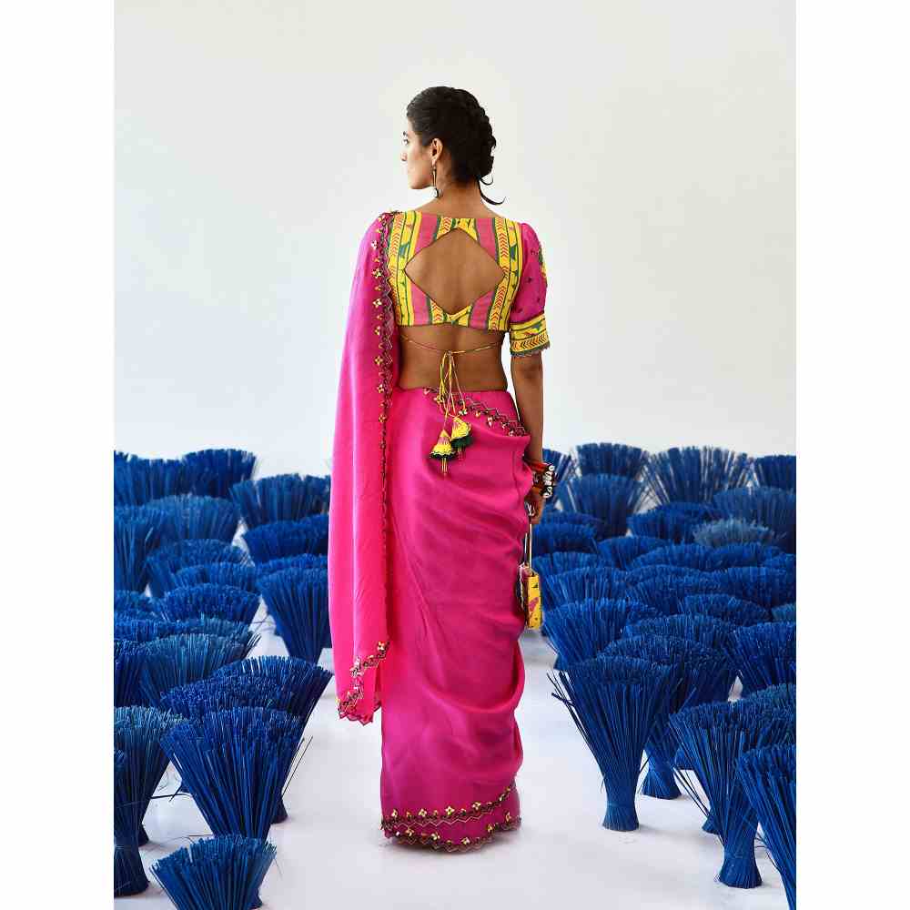 Baise Gaba Banno Pink Saree with Stitched Blouse