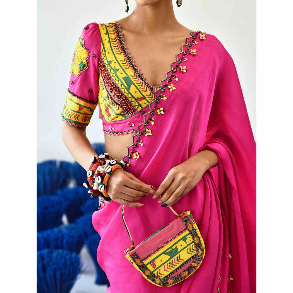 Baise Gaba Banno Pink Saree with Stitched Blouse