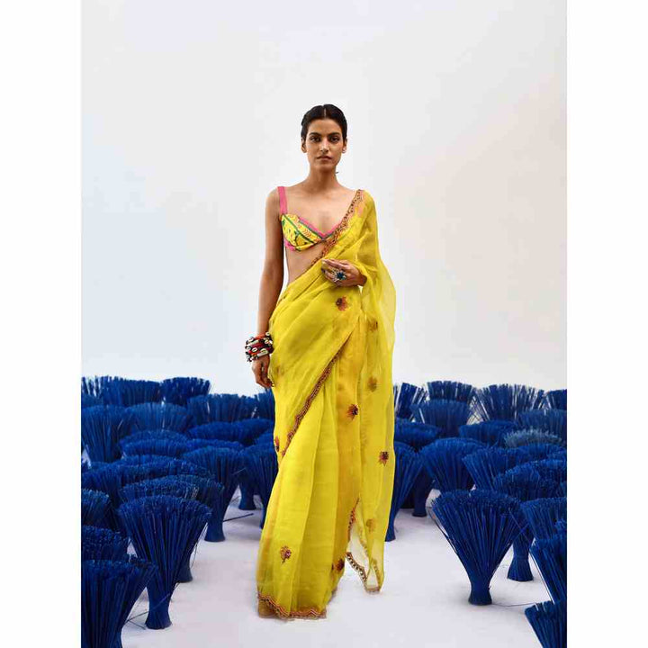 Baise Gaba Chanchal Yellow Organza Saree with Stitched Blouse
