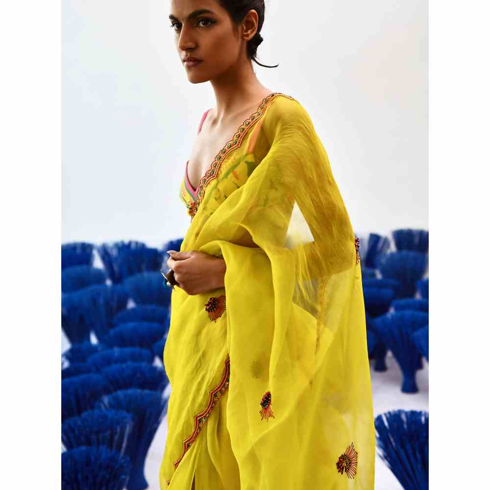 Baise Gaba Chanchal Yellow Organza Saree with Stitched Blouse