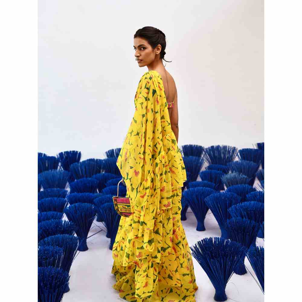 Baise Gaba Prito Yellow Printed Saree with Stitched Blouse