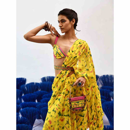 Baise Gaba Prito Yellow Printed Saree with Stitched Blouse