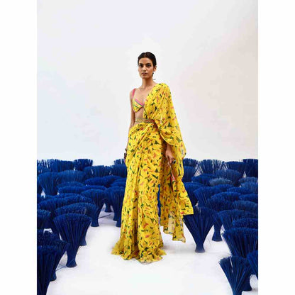 Baise Gaba Prito Yellow Printed Saree with Stitched Blouse