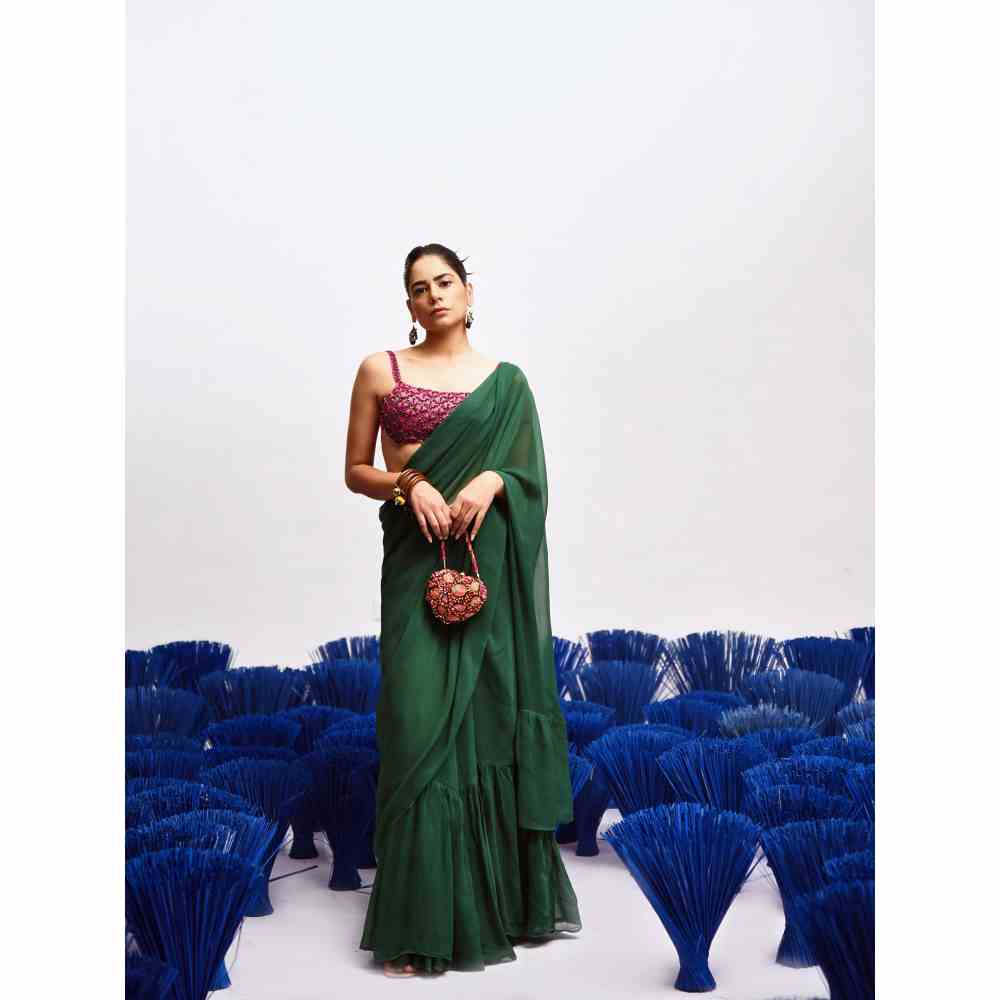 Baise Gaba Rani Ruffle Saree with Stitched Blouse (Set of 2)