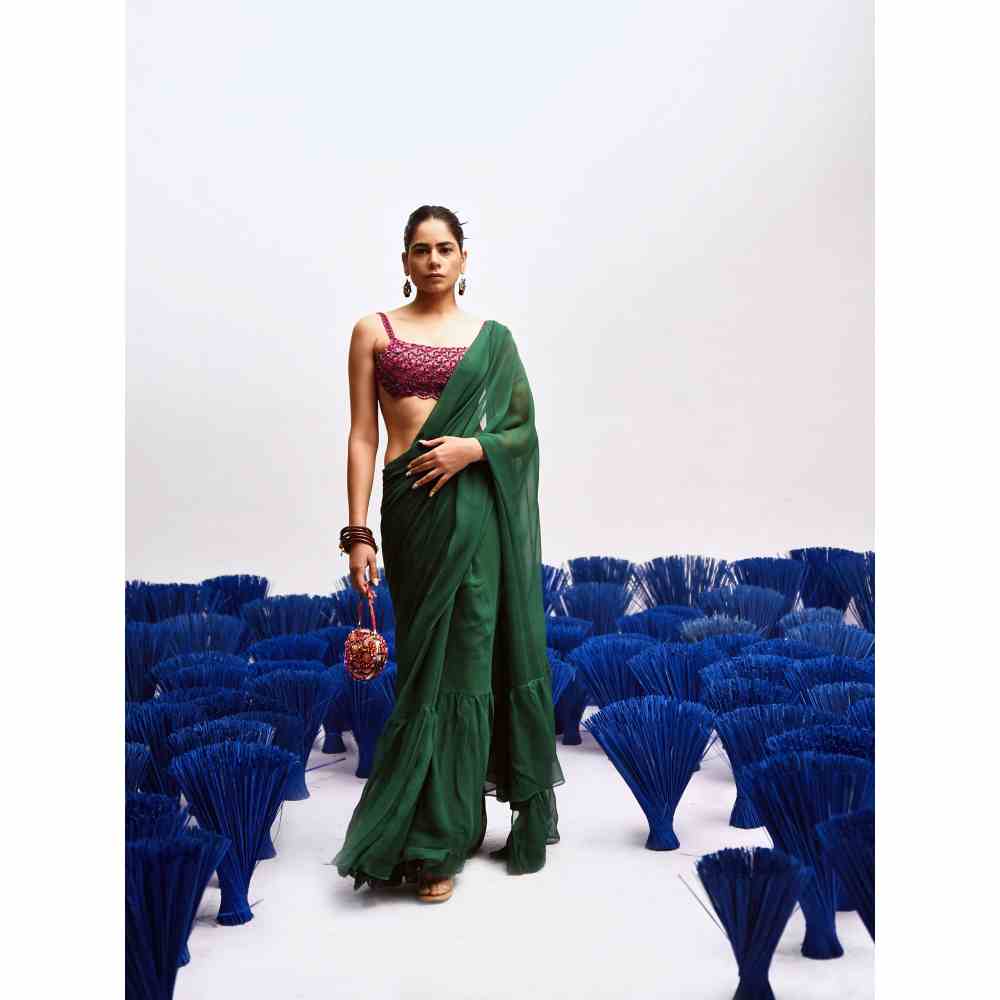 Baise Gaba Rani Ruffle Saree with Stitched Blouse (Set of 2)
