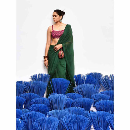 Baise Gaba Rani Ruffle Saree with Stitched Blouse (Set of 2)