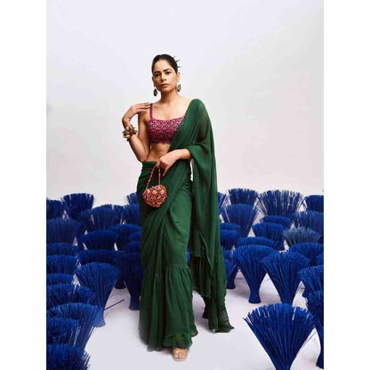 Baise Gaba Rani Ruffle Saree with Stitched Blouse (Set of 2)