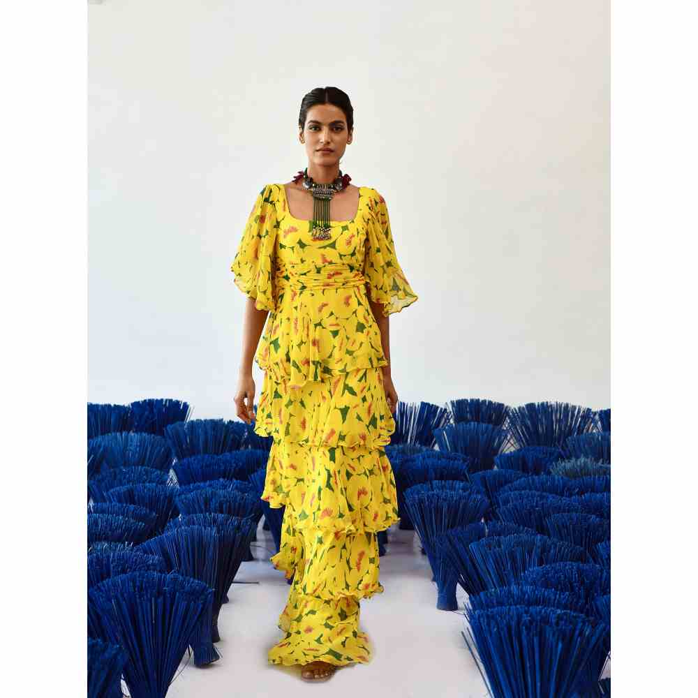 Baise Gaba Suri Printed Maxi Dress in Yellow Color
