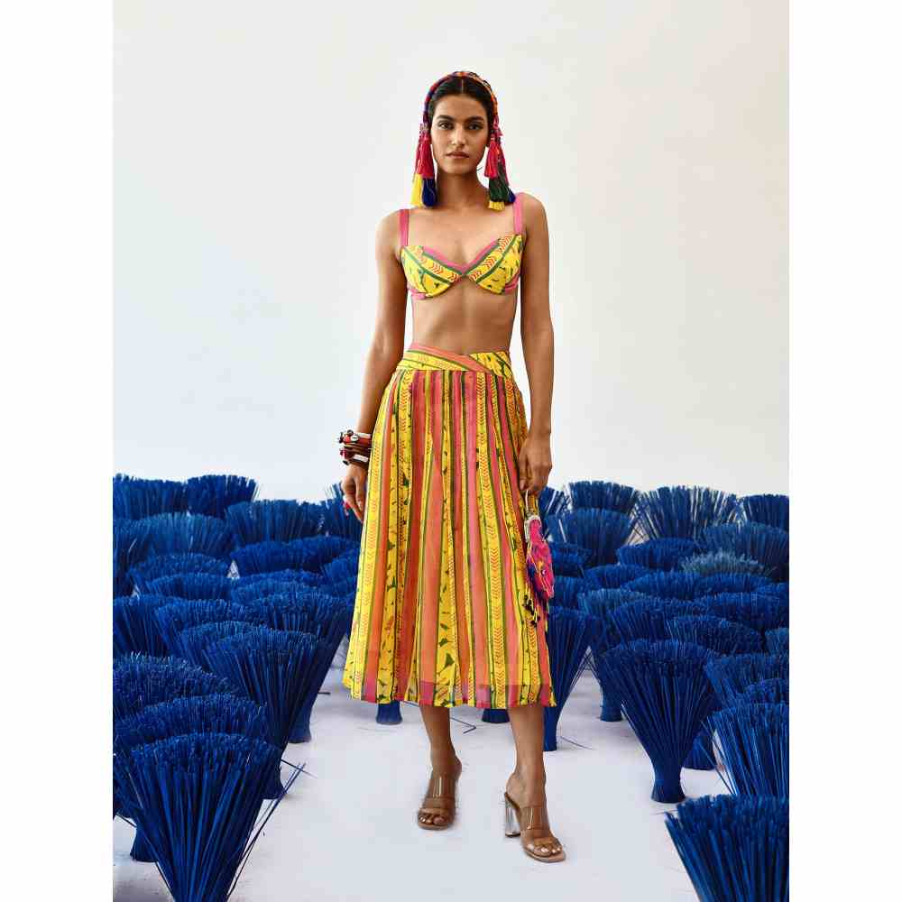 Baise Gaba Yellow Midi Length Printed Geel Skirt